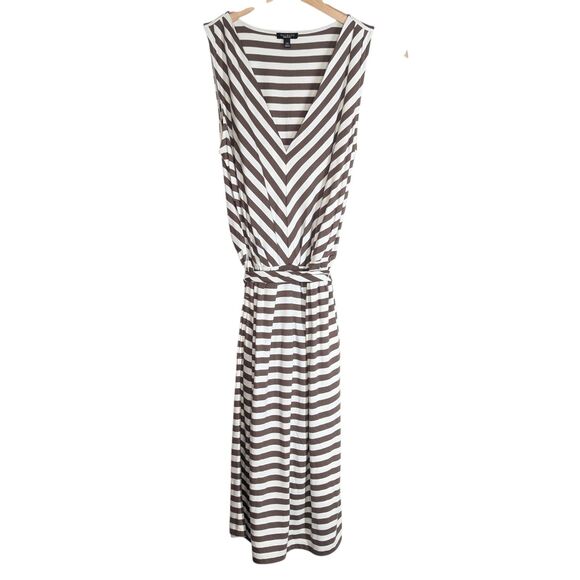 EUC Talbots Brown Cream Striped Sleeveless Dress Size XS Tie Waist Pockets Soft! - Picture 2 of 9